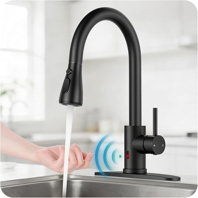 Touchless Kitchen Faucet with Pull Down Sprayer - Matte Black Single Handle Kitchen Faucets, High Arc Stainless Steel Pull Out Kitchen Sink Faucet with Deck for RV Laundry Farmhouse Bar