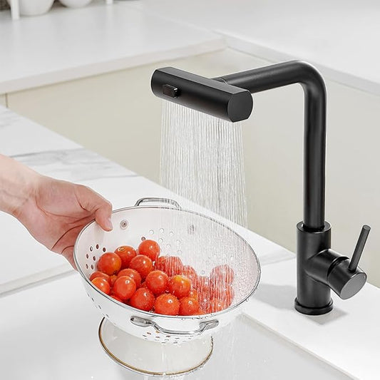 OWOFAN Kitchen Faucet with Pull Down Sprayer Black Waterfall Single Hole Single Handle Stainless Steel Kitchen Sink Faucets