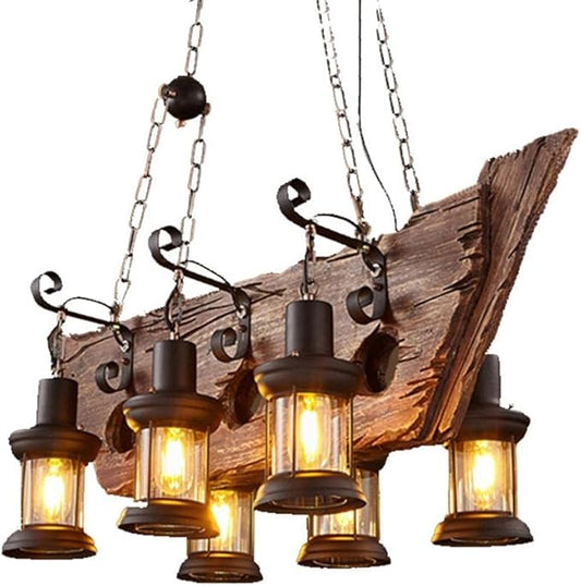 A Million Industrial Wooden Pendant Light, Vintage Retro Hanging Chandelier 6 E26 Bulb Sockets for Farmhouse Kitchen Island Bar Retro Ceiling Light Height Adjustable Fixture