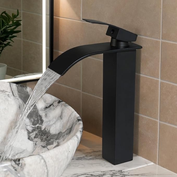 Oval Vessel Sink 16"x13" White Ceramic Bathroom Sink with Waterfall Faucet and Pop-up Drain Bowl Sink White Black Marble Bathroom Sinks Above Counter