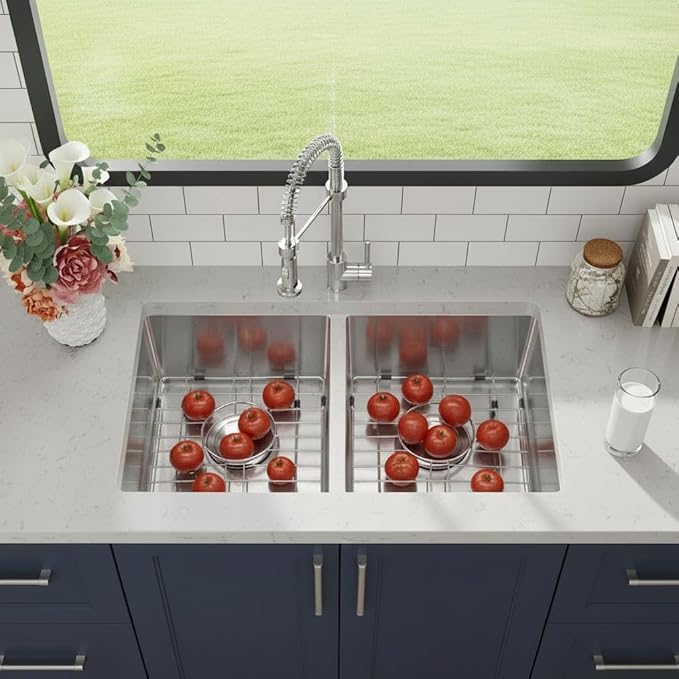 GarveeTech Kitchen Sinks,33×19×10 inch Double Bowl Undermount Kitchen Sink – Brushed 304 Stainless Steel with 2.0mm Rim, 1.0mm Bowl, Deep Basin Design, Bottom Grids & Drain Assembly