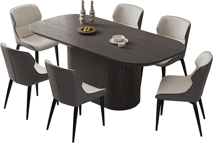 70" Oval Dining Table Set for 6, 7 Piece Kitchen Table Set with Oval Pedestal, Modern Dining Room Tables with 6 Chairs for Kitchen, Living Room, Bar, Black Dinner Tables