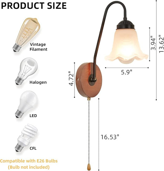 Vintage Pull Chain Wall Sconce Light with Switch Black Wall Lights Fixture Retro E26 Industrial Farmhouse Wall Lamp Hard Wired Sconces Lighting for Mirror Bedroom Bathroom Hallway