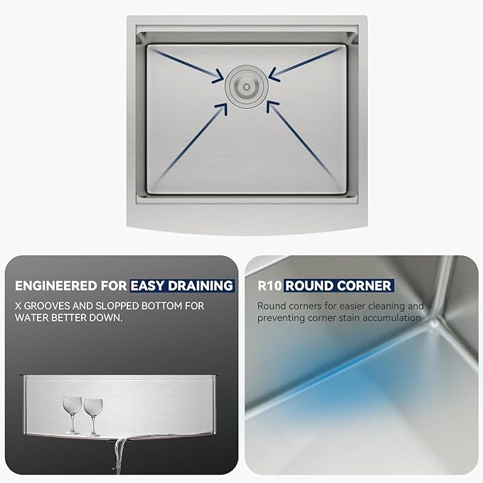 Lordear 24" Farmhouse Sink Short Apron Front Ledge Workstation 24" x 21" Farm Sink 16 Gauge Stainless Steel Single Bowl Kitchen Farm Sinks
