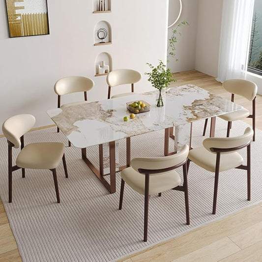 Walnut Dining Chairs Set of 4, Modern Farmhouse Decor Kitchen Island Chairs with Rubber Wood Frame Leather Cushion, Upholstered Wooden Dinner Chair for Living Room Dinning, Khaki