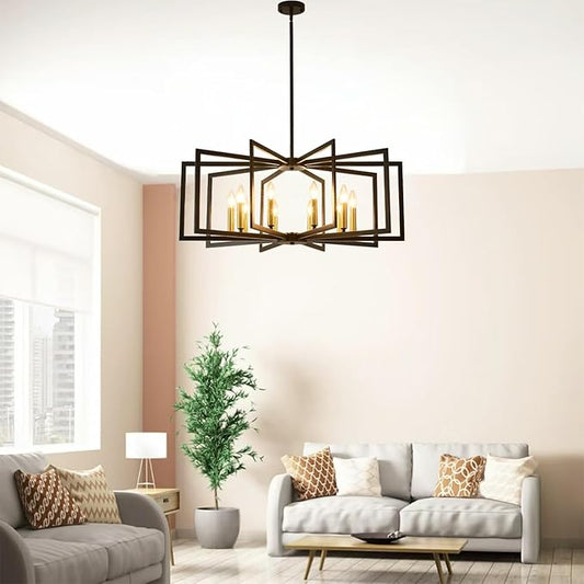 Black Chandelier for Dining Room 10-Light Dining Room Light Fixture Modern Geometric Metal Hanging Industrial Chandeliers for Entryway Kitchen Island Foyer Farmhouse Chandeliers(Black Gold)