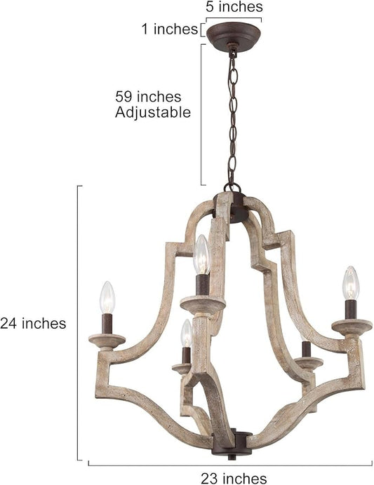 Farmhouse Chandeliers for Dining Room, Rustic Wood Chandelier Lighting Fixture, 5-Light French Country Chandelier for Kitchen Island, Living Room, Bedroom and Entryway