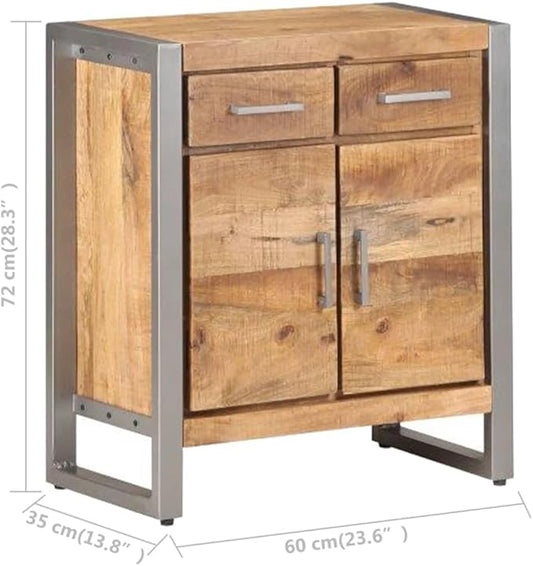 Natural Mango Wood Sideboard, Grey Finish, Industrial Design, 2 Drawers, 2 Doors, 23.6x13.8x28.3in, Living Room Storage Cabinet Furniture Kitchen Furnitur
