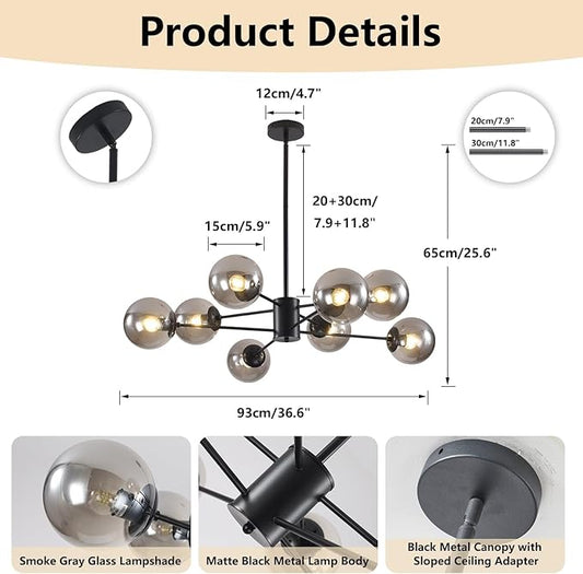 BOKT Mid Century Modern Matte Black Chandelier 8-Lights Globe Glass Ball Chandelier Flush Mount Ceiling Light Industrial Vintage Farmhouse Kitchen Island Pendant Lighting Fixture
