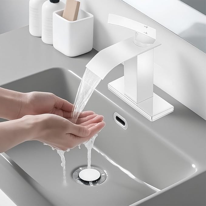 White Bathroom Faucets, Waterfall Bathroom Sink Faucet Modern Single Handle Bathroom Faucte 1 or 3 Hole, RV Mixer Tap Vanity Faucet - Includes Pop-up Drain Supply Hoses Deck Plate