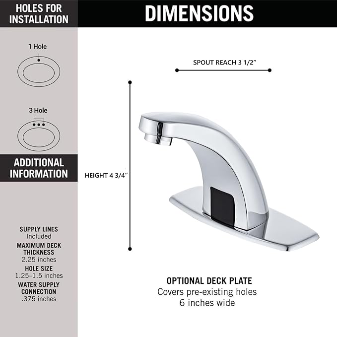 Touchless Bathroom Sink Faucet Automatic Motion Sensor Hands Free Commercial Faucets Chrome with Hot & Cold Temperature Mixing Valve Battery Operated