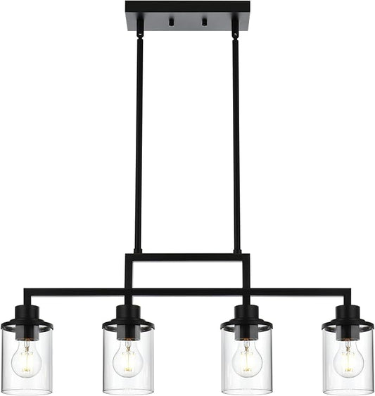 4-Light Dining Room Light Fixture, Linear Kitchen Island Lighting Black Chandelier Farmhouse Pendant Lighting for Kitchen Island Dining Table Living Room, Height Adjustable