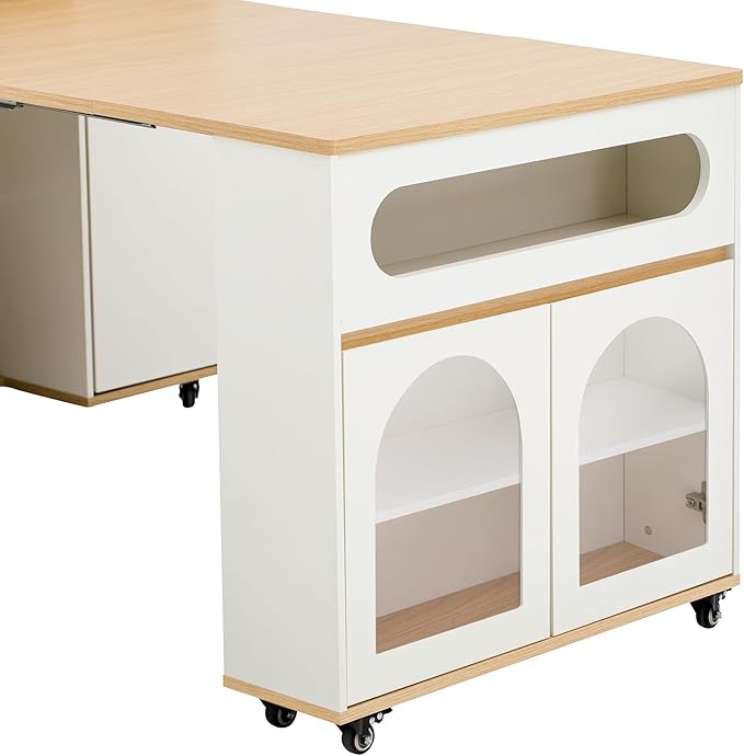 Extendable Dining Table with Storage Sideboard, Rolling Kitchen Island with Drawers, Shelves and Power Outlet, Bar Table for Kitchen, Dining Room, Home Bar, Natural + Creamy White