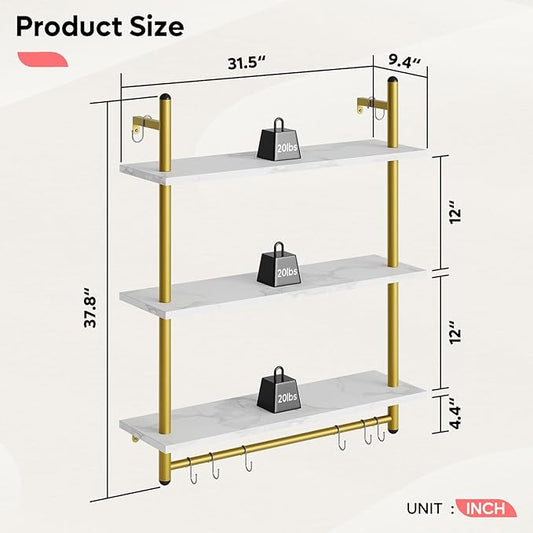 Bestier 31" Industrial Pipe Shelving, Floating Kitchen Wall Shelves 3 Tier Coffee Bar Shelves for Wall with 8 Hooks, Hanging Display Shelf Bookshelf for Living Room Bathroom, White Marble