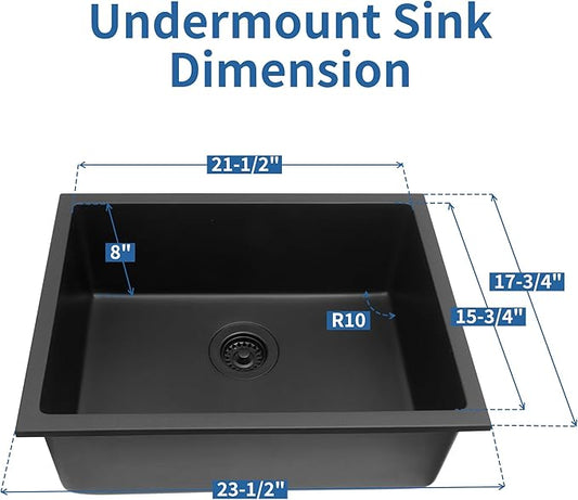 Black Kithcen Sink, 23 Inch Undermount Kitchens Sinks, 23"x 18"x 8" Small Matte Black Bar Sinks, 23 x18 Granite Composite Quartz stone Kitchen Sink With Accessories