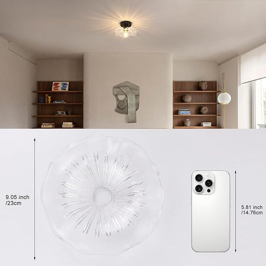Shenmoyl Semi Flush Mount Light, Black Hallway Vintage Fixture With Clear Lotus Glass, 4.72" Base Modern Ceiling Light for Bathroom Porch Kitchen Bedroom