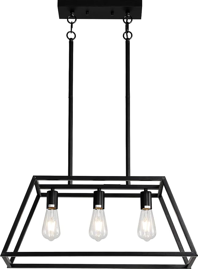 Black Kitchen Island Lighting, 3-Light Farmhouse Chandeliers, Modern Industrial Linear Rectangle Pendant Light Fixtures for Dining Room Kitchen Bar Foyer(Metal, E26 Base)