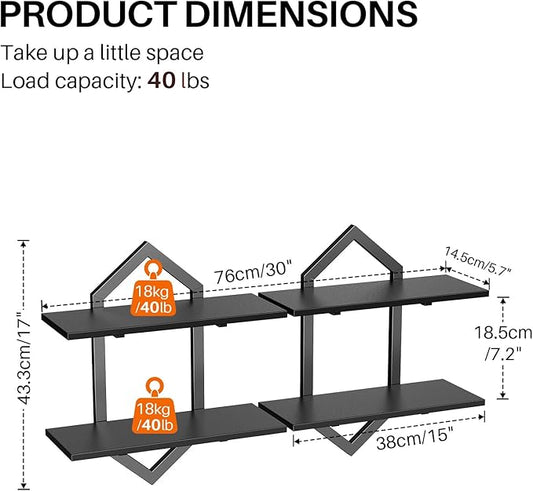 Floating Shelves, Set of 2 Wall Shelf, Wall Mounted Decorative Shelves, 2-Tier Modern Geometric Hanging Storage Shelf for Living Room, Bedroom, Kitchen, Office, Study (Black)