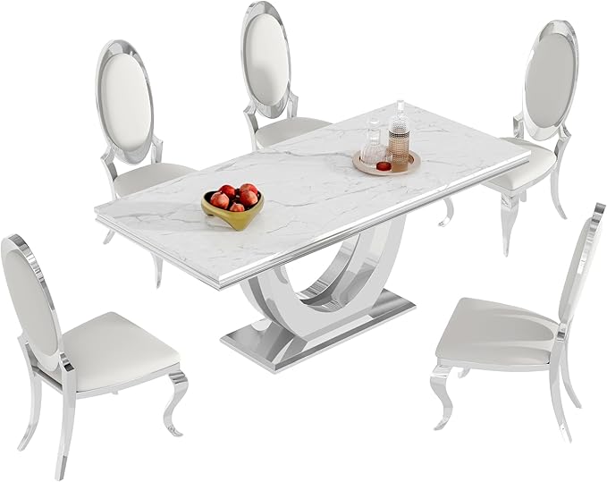 Modern Dining Table for 6-8, 68 Inch White Marble Kitchen Table with Silver Mirrored U-Shape Base, Luxurious Rectangular Faux Marble Dining Room Table for Dining Room,Living Room