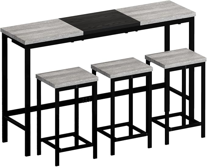 4 Piece Modern Design Kitchen Dining Table,1 Bar Table and Small Kitchen Table Set for 3,Wooden Counter Height Table Set for Kitchen,Convenient Hanging Stool Design,Dining Room Island Table (Grey)
