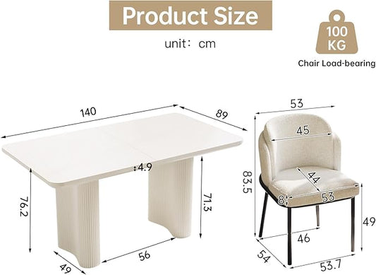 Miuuod 55 Inch Rectangular Dining Table Set, Cream White Modern Kitchen Table with Textured Double Pedestal Legs, Thick Tabletop with 4 Ergonomic Upholstered Chairs for Small Apartment Dining Room