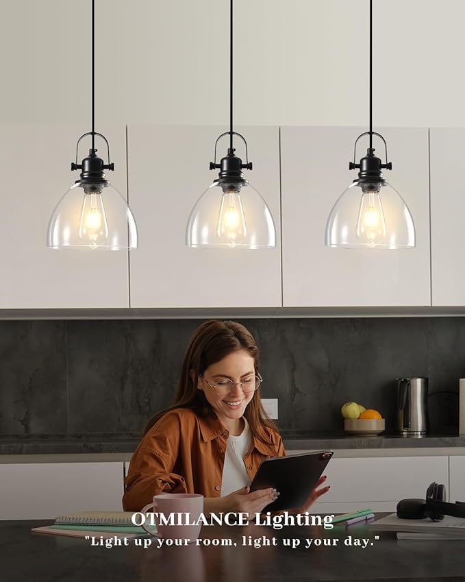 Black Pendant Lights Kitchen Island, 7.5'' Modern Glass Pendant Light 2 Pack, Farmhouse Pendant Lights with Clear Glass Shades, Hanging Island Pendant Lights for Kitchen, Bedroom, Bathroom