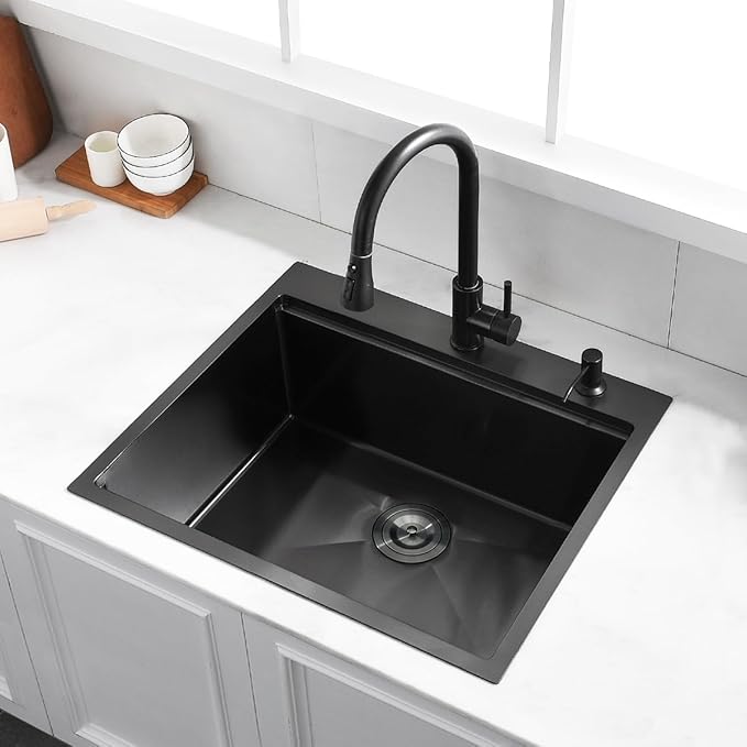 25 Black Drop in Kitchen Sink, Luckyhorse 16 Gauge Nano Black Stainless Steel 25x22 Deep Drop In Workstation Kitchen Sink LH004SB