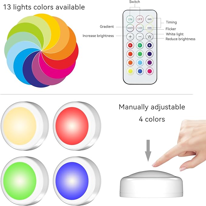 LED Puck Lights with Remote Control, 13-Color Under Cabinet Lighting Wireless, Battery Operated Stick-On Lights, Dimmable Push Light for Closet/Shelf/Wall (6 Pack)
