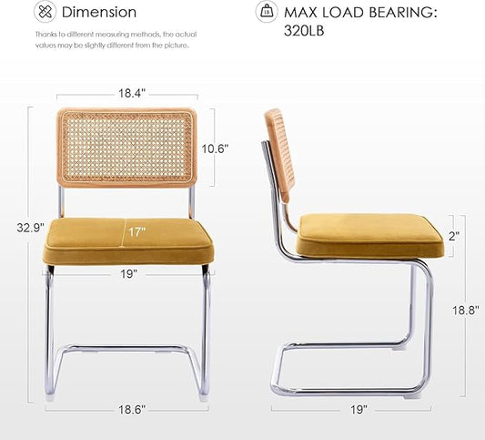 Zesthouse Rattan Dining Chairs Set of 6, Mid Century Modern Dining Room Chairs with Natural Cane Mesh & Chrome Base, Yellow Velvet Cesca Chair, Farmhouse Kitchen Chair with Solid Wood Frame Back