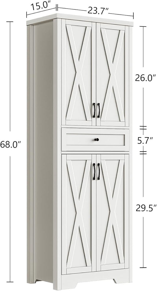 Lyromix 68'' Farmhouse Kitchen Pantry Cabinet with Adjustable Shelves, Tall Storage Cabinet with Barn Doors, Freestanding Versatile Cupboard for Dining Room, White