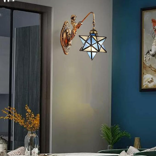 Moravian Star Wall Light with Tiffany Stained Glass Cover, Vintage Rustic Industrial Wall Sconce Retro Wall Mount Lamps Fixture 1-Light,Dark Blue