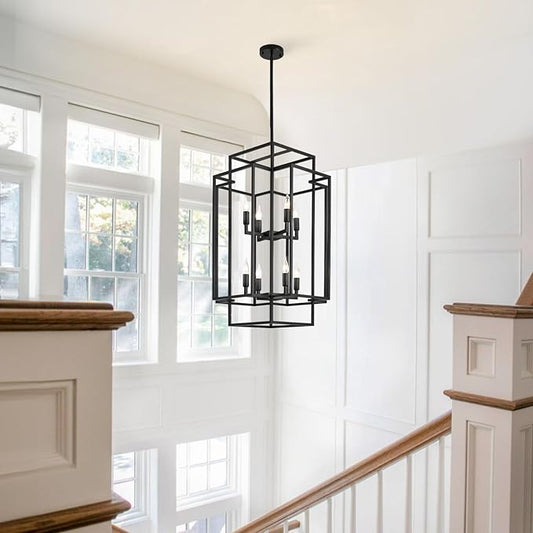8-Light Tiered Lantern Pendant Light, Black Farmhouse Chandelier, Large Chandeliers for High Ceilings, Modern Foyer Lighting Fixtures, for Dining Room, Living Room, Entryway Staircase