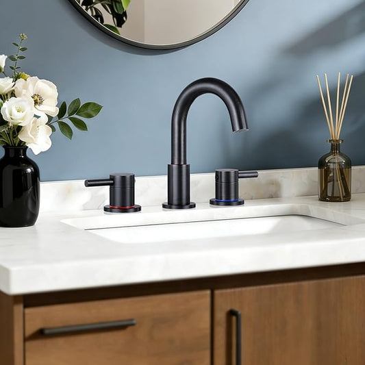 FGKQ Oil Rubbed Bronze Bathroom Faucet for Sink 3 Hole, Bathroom Sink Faucet with Pop Up Drain, 8 Inch Widespread Vanity Faucet 3 Hole, 360° Swivel Two Handle with Supply Lines