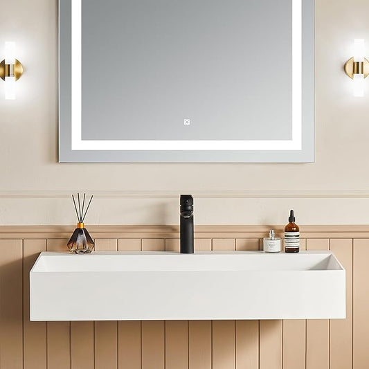 Cpingao 30"x18" Wall Mount Rectangle Vessel Sink with Pre-drilled Hole, Matte White Stone Resin Bathroom Basin, Solid Surface Vanity Sink