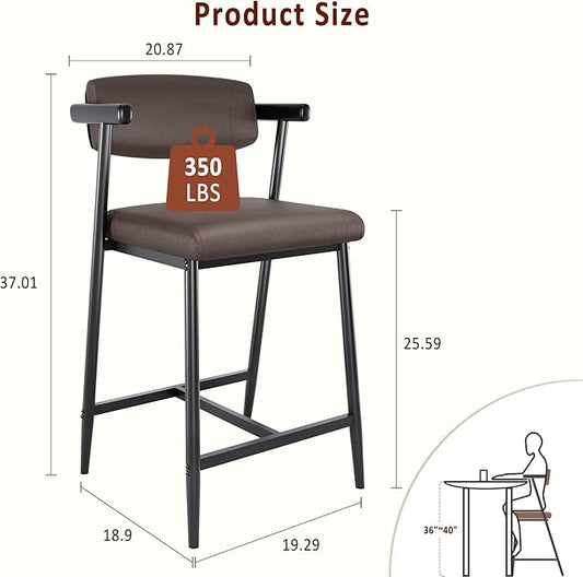 GarveeHome Counter Height Bar Stools of 4 with Armrests, 4 Piece Counter Height Bar Stools Set with Back, Upholstered Seat & Metal Footrest for Kitchen Islands, Counter Bars, Retro Brown