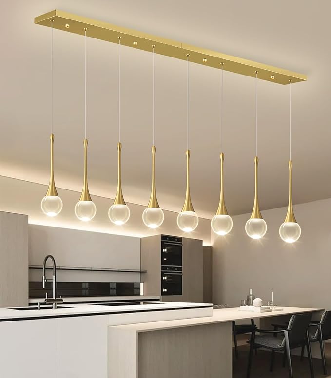 Rectangular Crystal Pendant Lights for Kitchen Island 8 Light Dimmable Crystal Chandelier Lighting Fixtures with Remote for Dining Room Living Room Gold