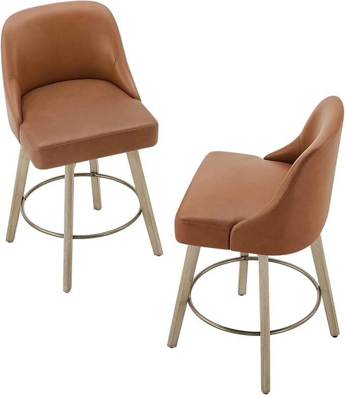 Counter Height Bar Stools Set of 4, Modern Swivel Barstools with Back and Wood Legs, Faux Leather Upholstered Bar Chairs, 26" Seat Height Counter Stools for Kitchen Island,Brown