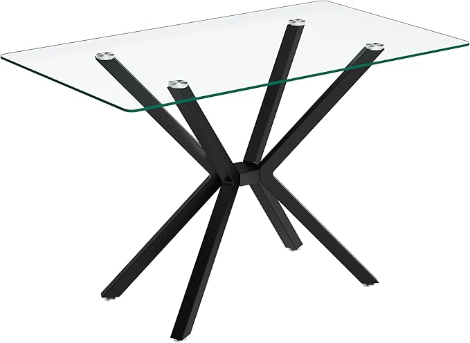 47in Modern Rectangular Glass Dining Table for 4, Save Space Glass Dining Room Table with Black Metal Legs, Clear Glass Top Kitchen Dining Table Set for 4
