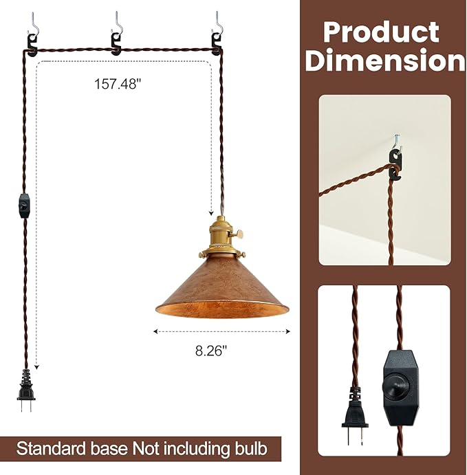 Hanging Light Plug in,Vintage Hanging Lamp Plug in with Rusted Copper 8.2 Inch Shade and Adjustable 14Ft Cord Antique Farmhouse Pendant Light Kitchen Island Bedroom and Sofa