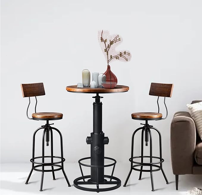 LOKKHAN Industrial Bar Table 38.6"-48.4" Height Adjustable Swivel Round Wood Tabletop 23.7" Dia, Kitchen Dining Office Coffee Bistro Pub Table