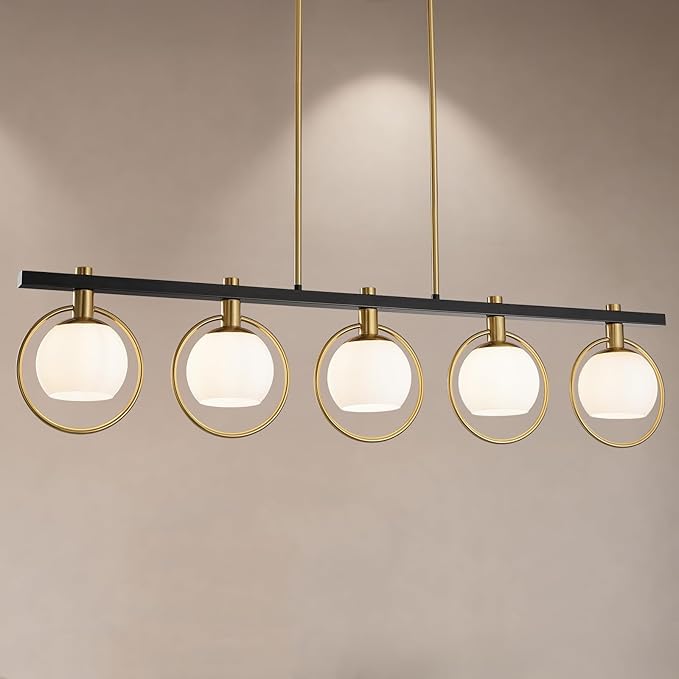 WJShome Black and Gold Farmhouse Chandelier, Dining Room Light Fixture Over Table, 5-Light Kitchen Island Lighting, Adjustable Height Linear Chandeliers, with Milk Glass Shades