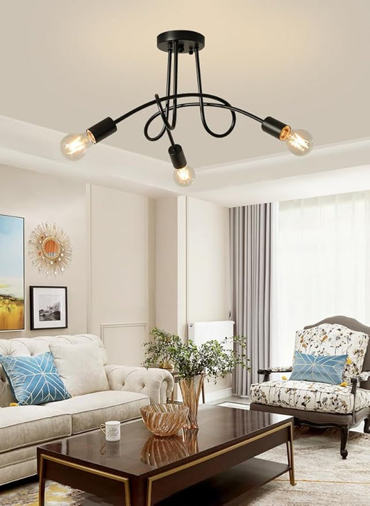 Modern Farmhouse Chandelier,22 Inch 3 Light Sputnik Semi Flush Mount Ceiling Light, Metal Black Rustic Light Fixture for Dining Room Bedroom Kitchen Hallway Entryway