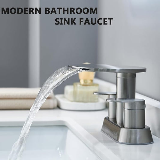 Waterfall Bathroom Sink Faucet 3 Hole Brushed Nickel,Modern 2 Handle Vanity Faucet for Bathroom Sink 4 inch Centerset with Round Shelf & Metal Pop-Up Drain