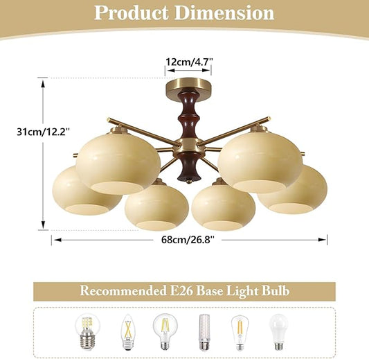 KCO Lighting Vintage Ceiling Mount Chandelier Mid Century Modern Entryway Ceiling Light Yellow Glass Globe Ceiling Light Fixture 6 Light Sputnik Gold Chandelier