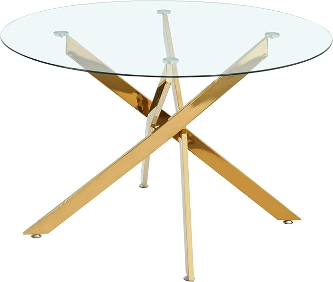 SSLine 47.2" Round Glass Dining Table for 4-6 Modern Circle Glass Tabletop Kitchen Table for 6 Luxury Dining Room Tables with Gold Nest-Shape Metal Base for Home Kitchen Dining Room