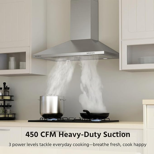 Range Hood 30 inch, 450 CFM Wall Mount Kitchen Hood in Stainless Steel with LED Lighting, 3 Speed Exhaust Fan, Ducted/Ductless Convertible (Charcoal Filters Included)