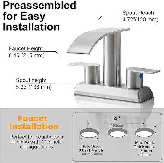 IKEBANA Brushed Nickel Waterfall Bathroom Faucet,2 Handle Stainless Steel 4 inch Bathroom Sink Faucet Modern Waterfall Spout Faucets Lead-Free Faucets with Supply Hoses and Pop-up Drain, IK-ZT2317L