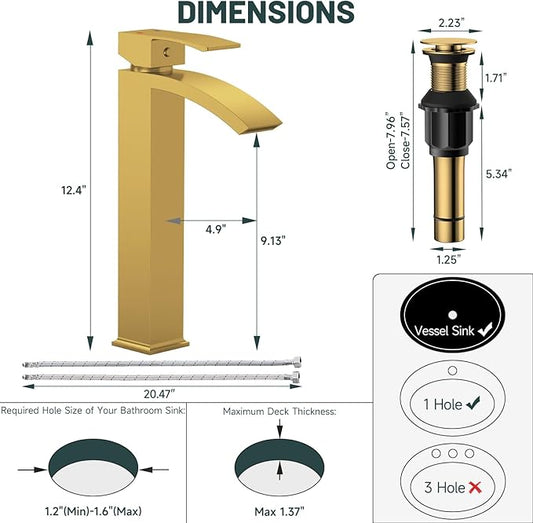 Brushed Gold Vessel Sink Faucet, Greenspring Waterfall Bathroom Faucets, Tall Spout Single Handle Single Hole Bathroom Faucets with Pop Up Drain and Without Overflow Basin Faucet Supply Line