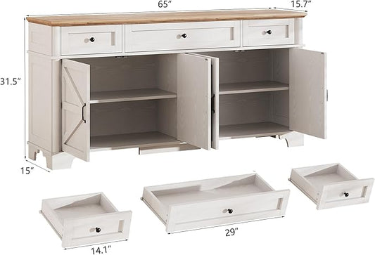 BestHaped 65 Inch Farmhouse Buffet Cabinet with Storage, White Sideboard Buffet Cabinet with Adjustable Shelves & 3 Drawers, Buffet Table Coffee Bar Wine Bar Storage for Kitchen & Living Room