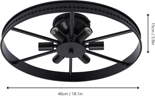 Industrial Wagon Wheel Chandelier 6 Lights, Rustic Flush Mount Ceiling Light Fixture, Retro Ceiling Lamp Hanging Lamp for Kitchen Island Dining Room18 Inch Black,(Bulb Not Include)